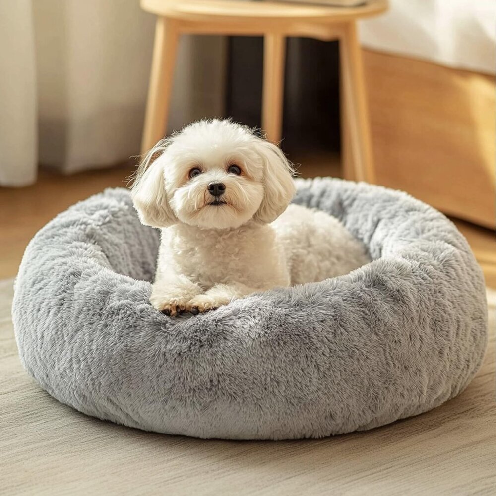 Calming Donut Pet Bed Anti-Anxiety Fluffy Faux Fur Cozy Round Cushion